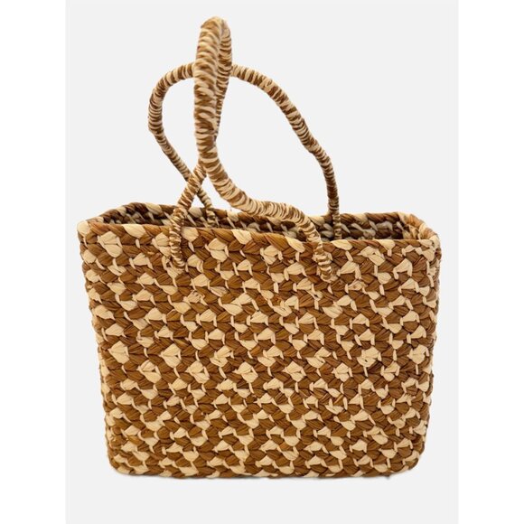 Brown & Tan Straw Woven Basket Handbag Tote - Picture 7 of 7